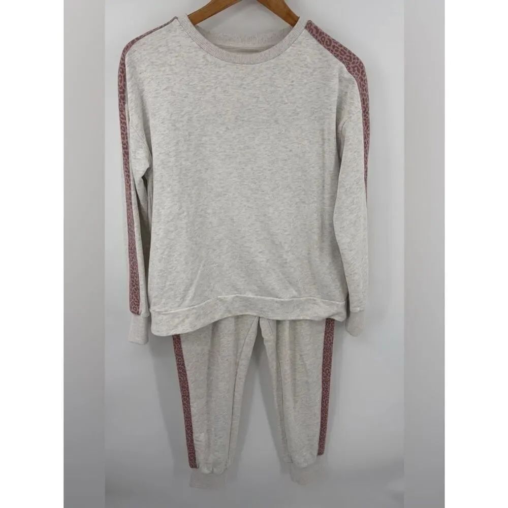Anthropologie All Fenix pink cheetah side striped crewneck jogger set women’s S